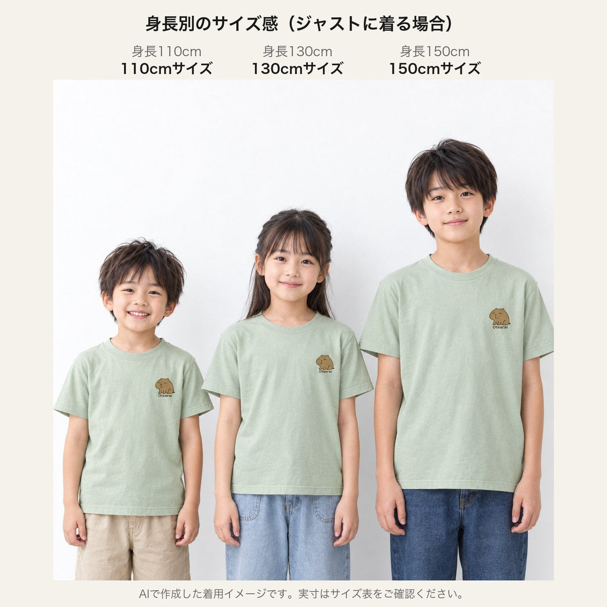 カピバラ「Otearai」 キッズTシャツ 身長別サイズ感（110cm/130cm/150cm）