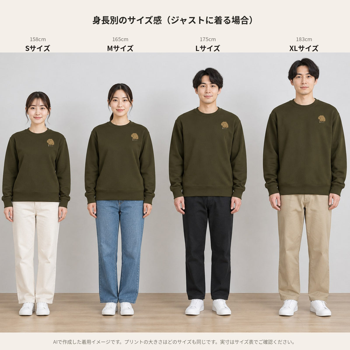 カピバラ「Otearai」トレーナー 身長別のサイズ感