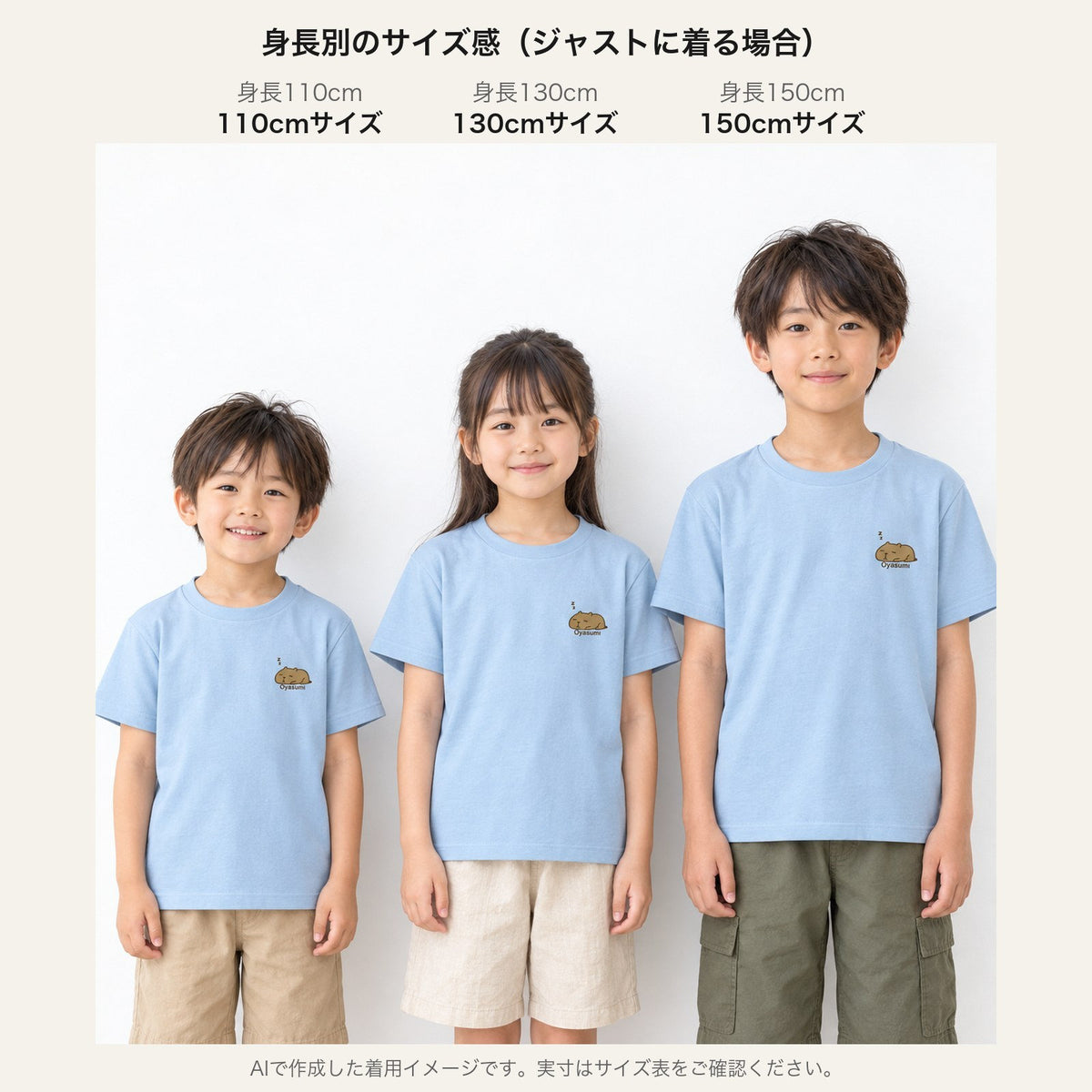 カピバラ「Oyasumi」 キッズTシャツ 身長別サイズ感（110cm/130cm/150cm）