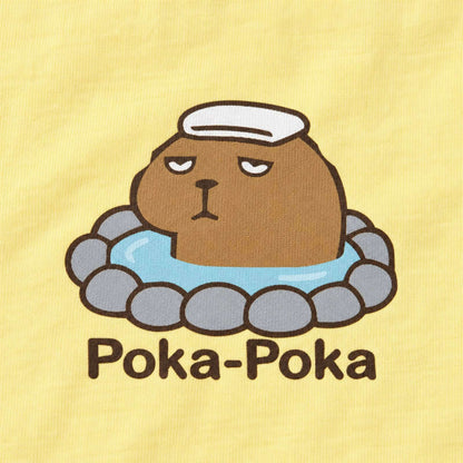 カピバラ「Poka-Poka」 キッズTシャツ ライトイエロー プリント接写・天竺生地の質感
