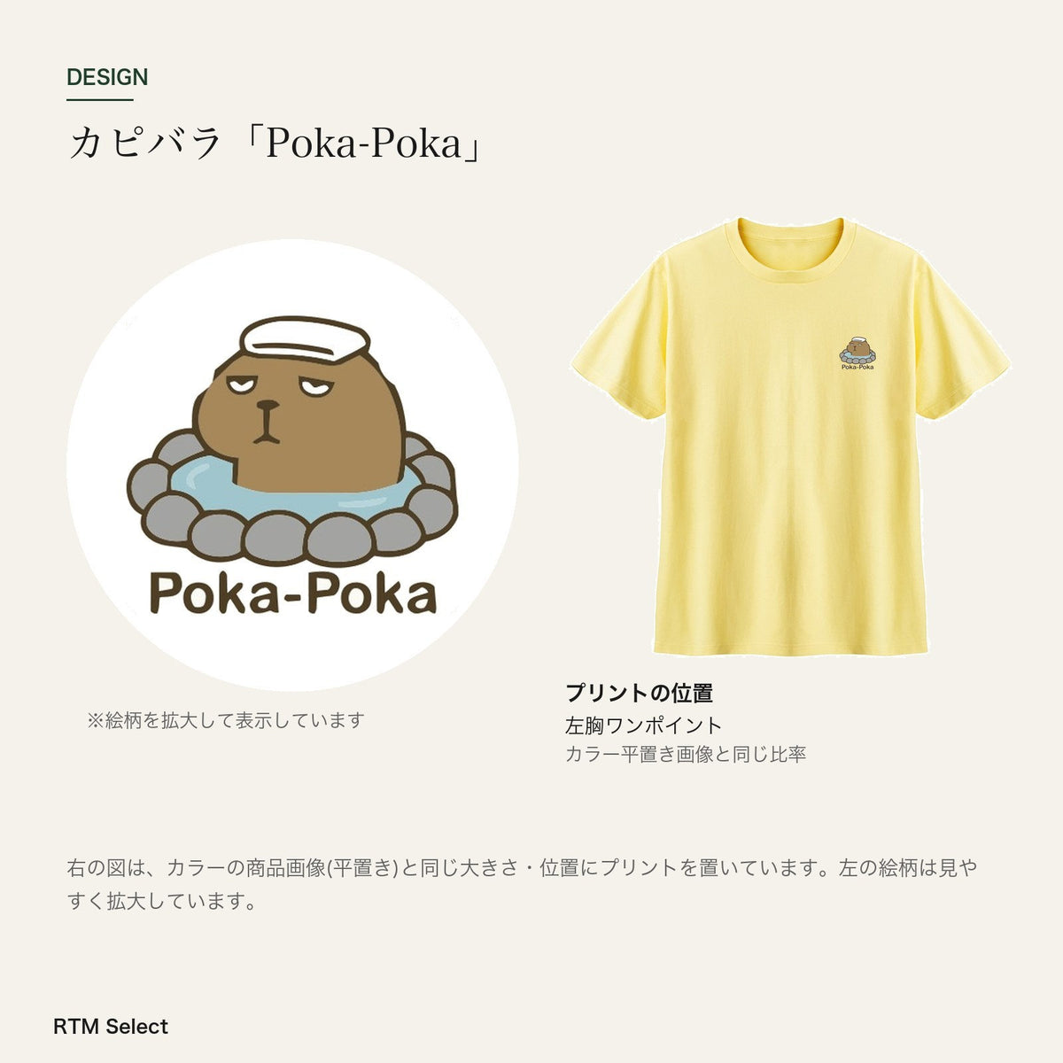 カピバラ「Poka-Poka」 キッズTシャツ デザインとプリント位置図