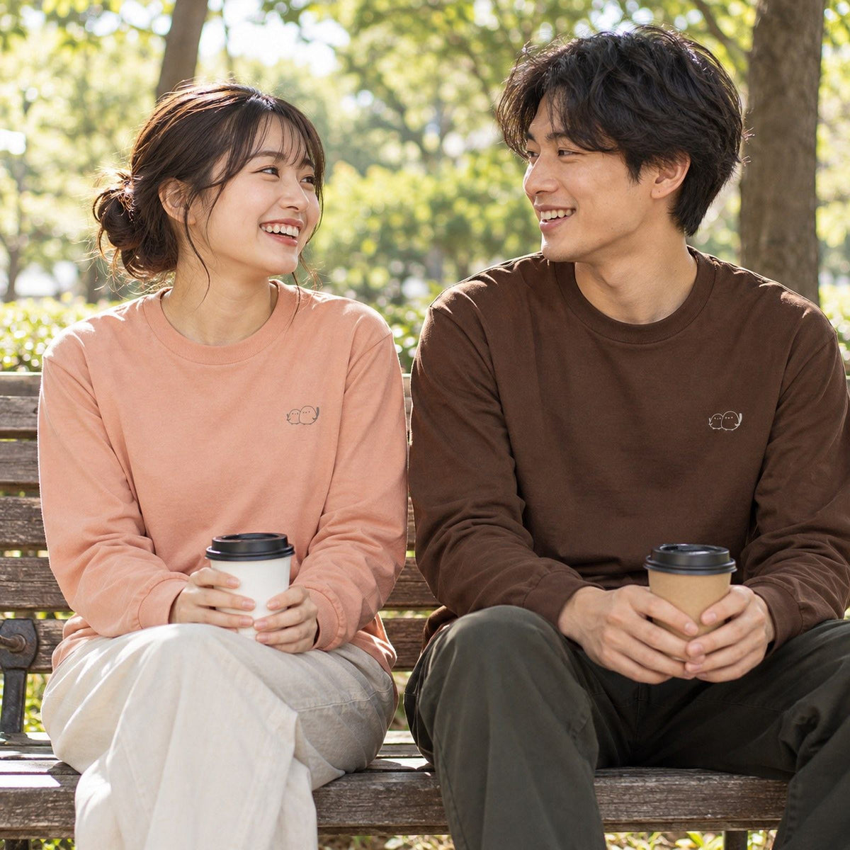 しまえなが ユニセックス袖リブ長袖Tシャツ ペアコーデ（女性ダスティピンク＋男性ダークブラウン）