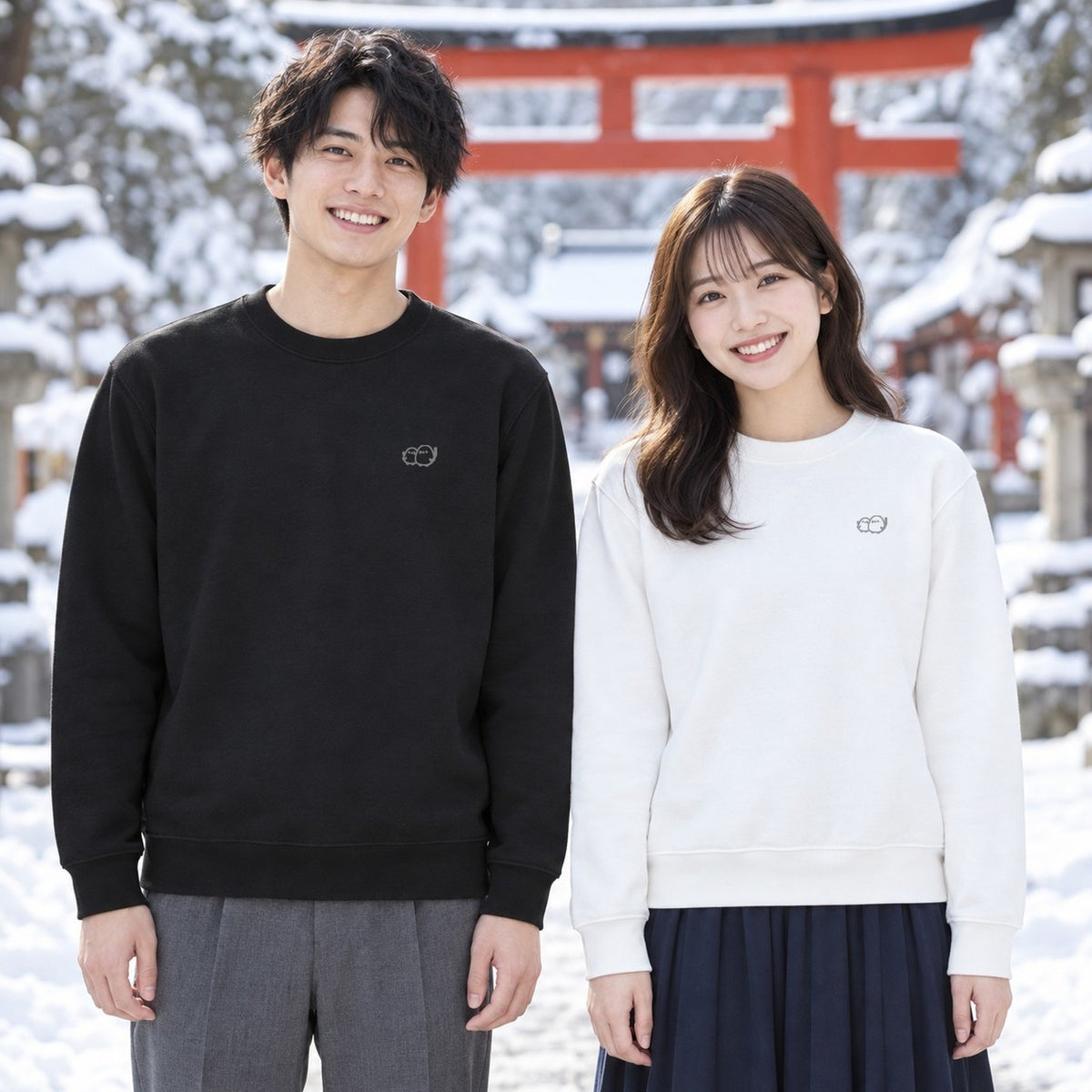 しまえなが トレーナー ペアコーデ（男性ブラック＋女性ホワイト）