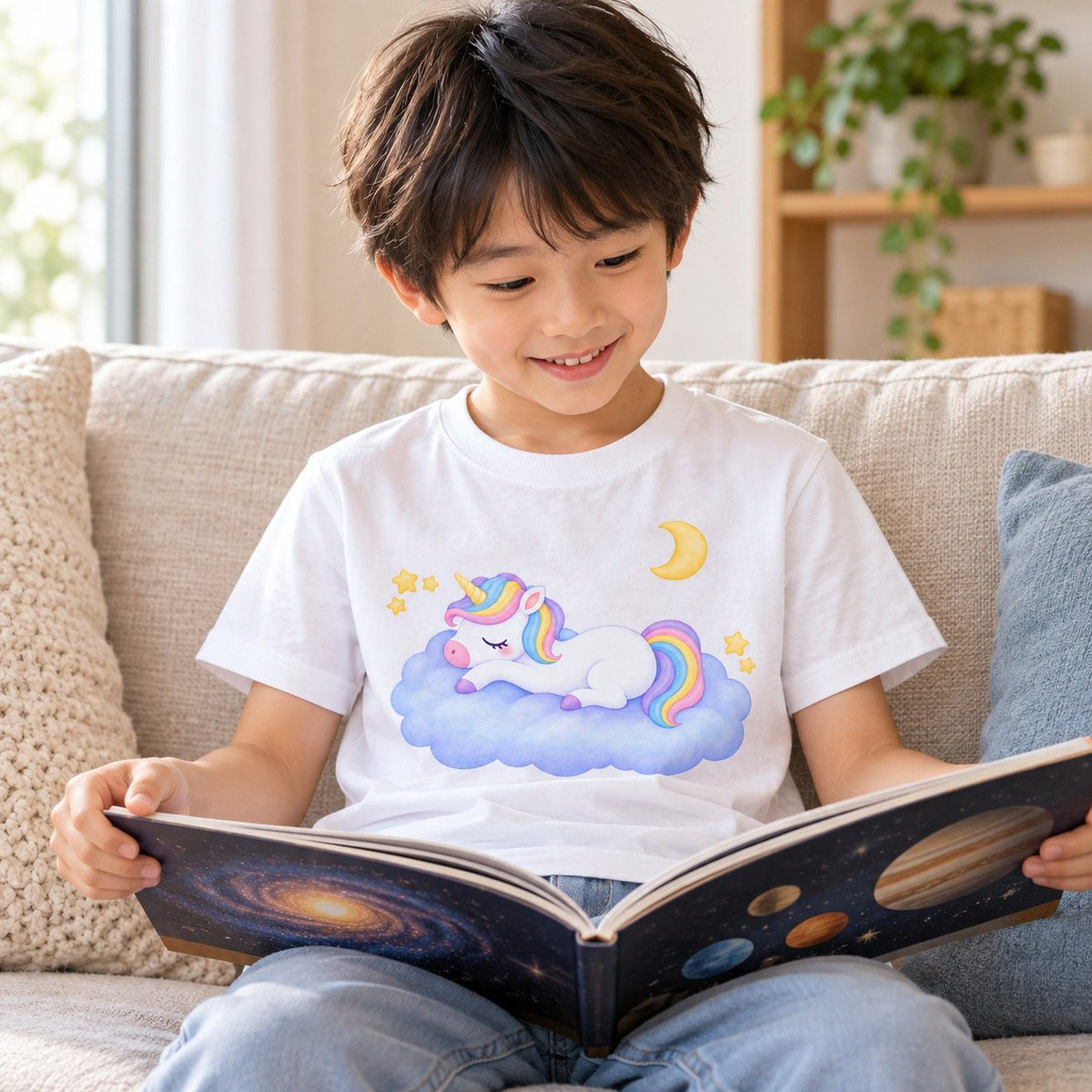 sleep_tight キッズTシャツ ホワイト 子どもの日常（星空の絵本を読む）