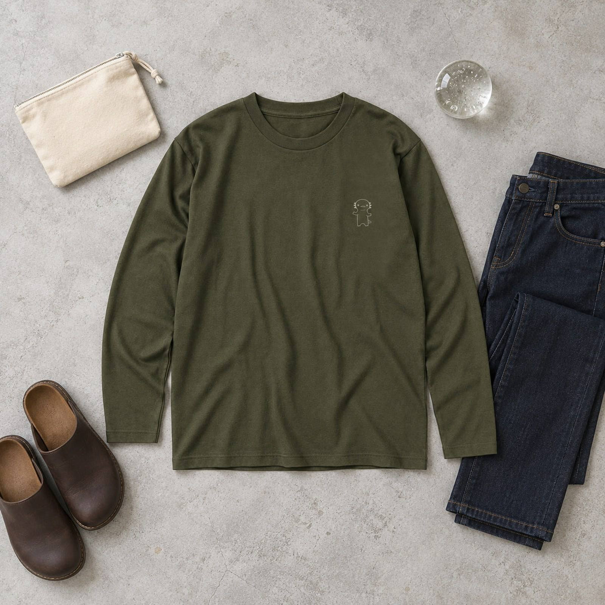 うぱーん（ウーパールーパー）長袖Tシャツ アーミーグリーン 平置きコーディネート