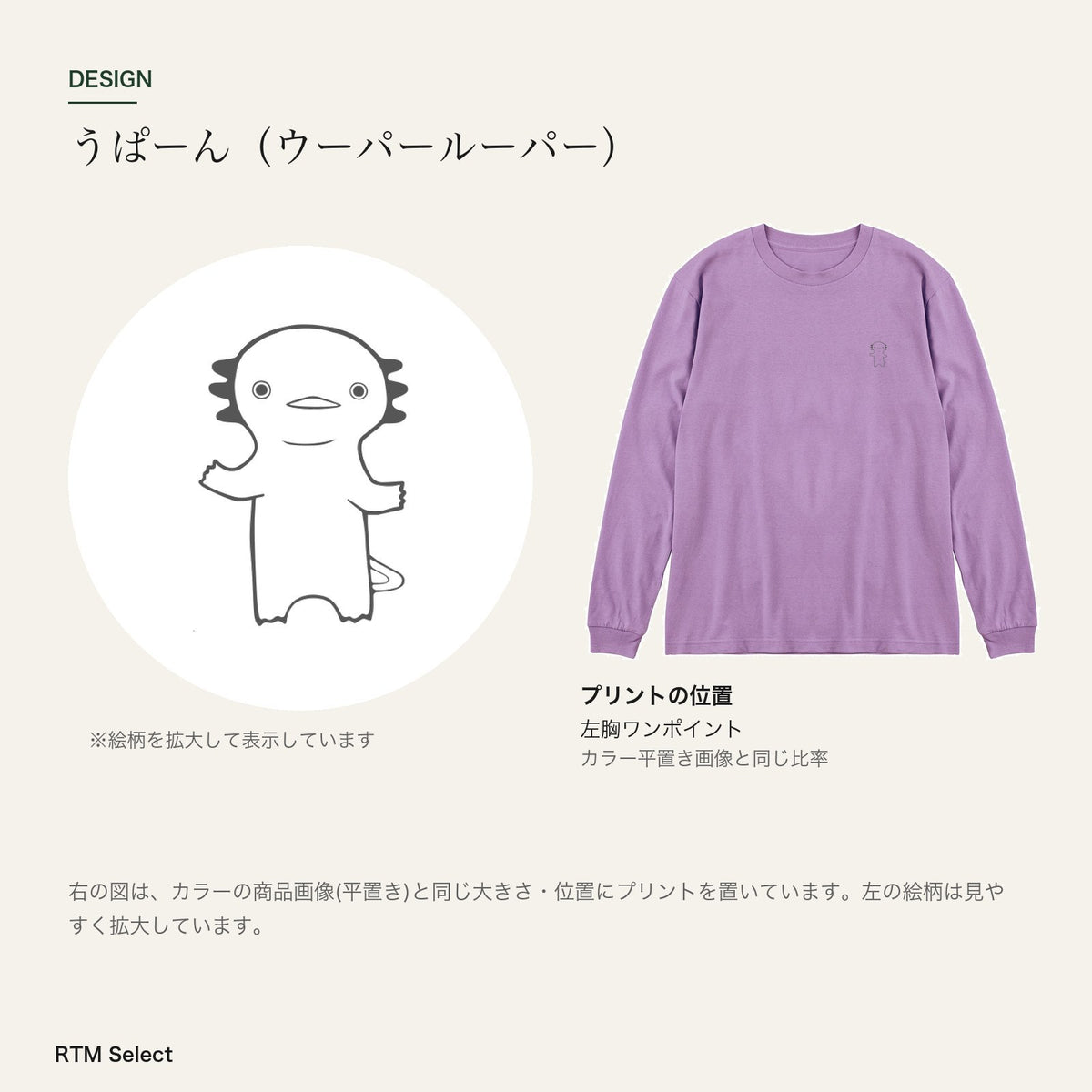 うぱーん ユニセックス袖リブ長袖Tシャツ デザインとプリント位置図