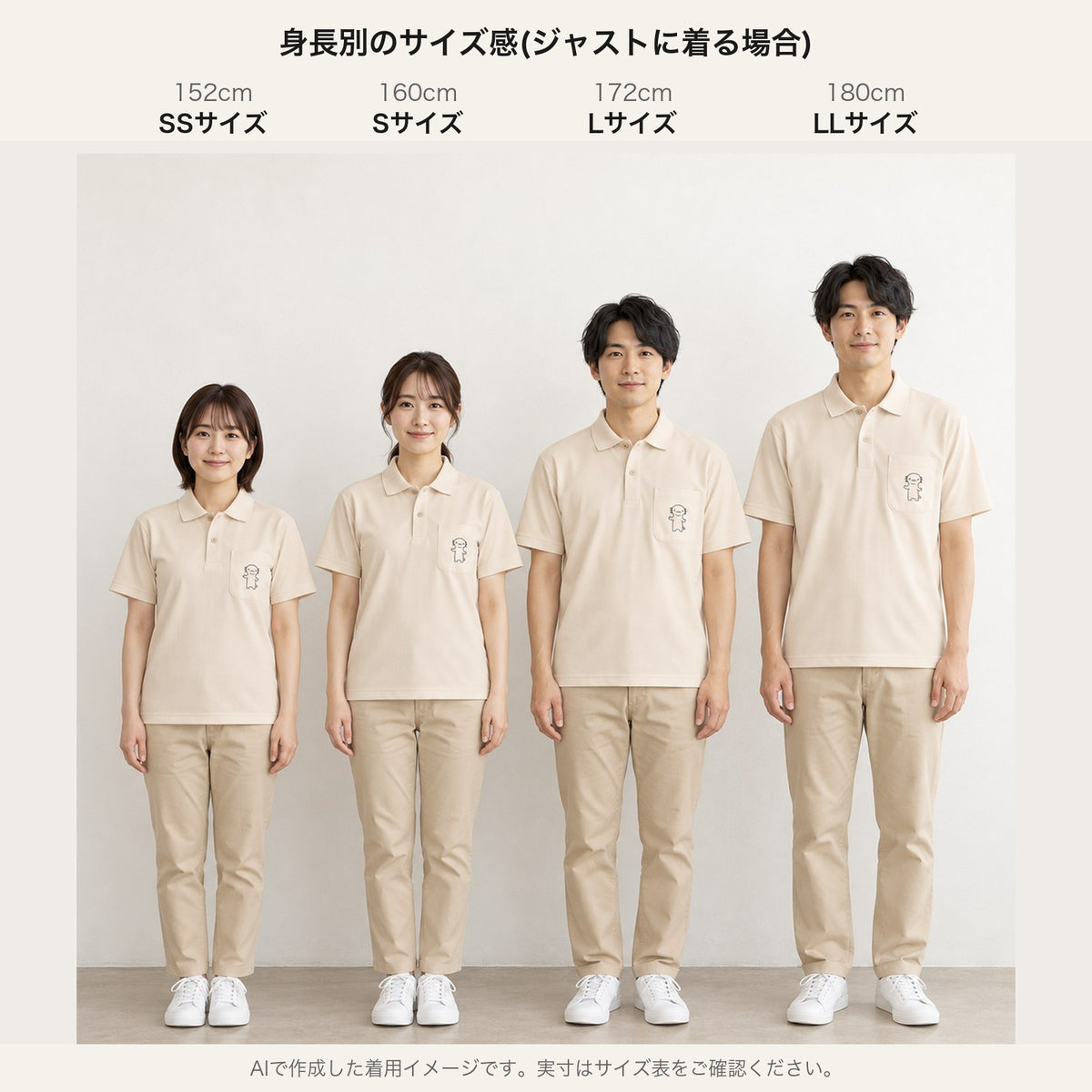 うぱーん ドライポロシャツ 身長別サイズ感（152cm SS／160cm S／172cm L／180cm LL）