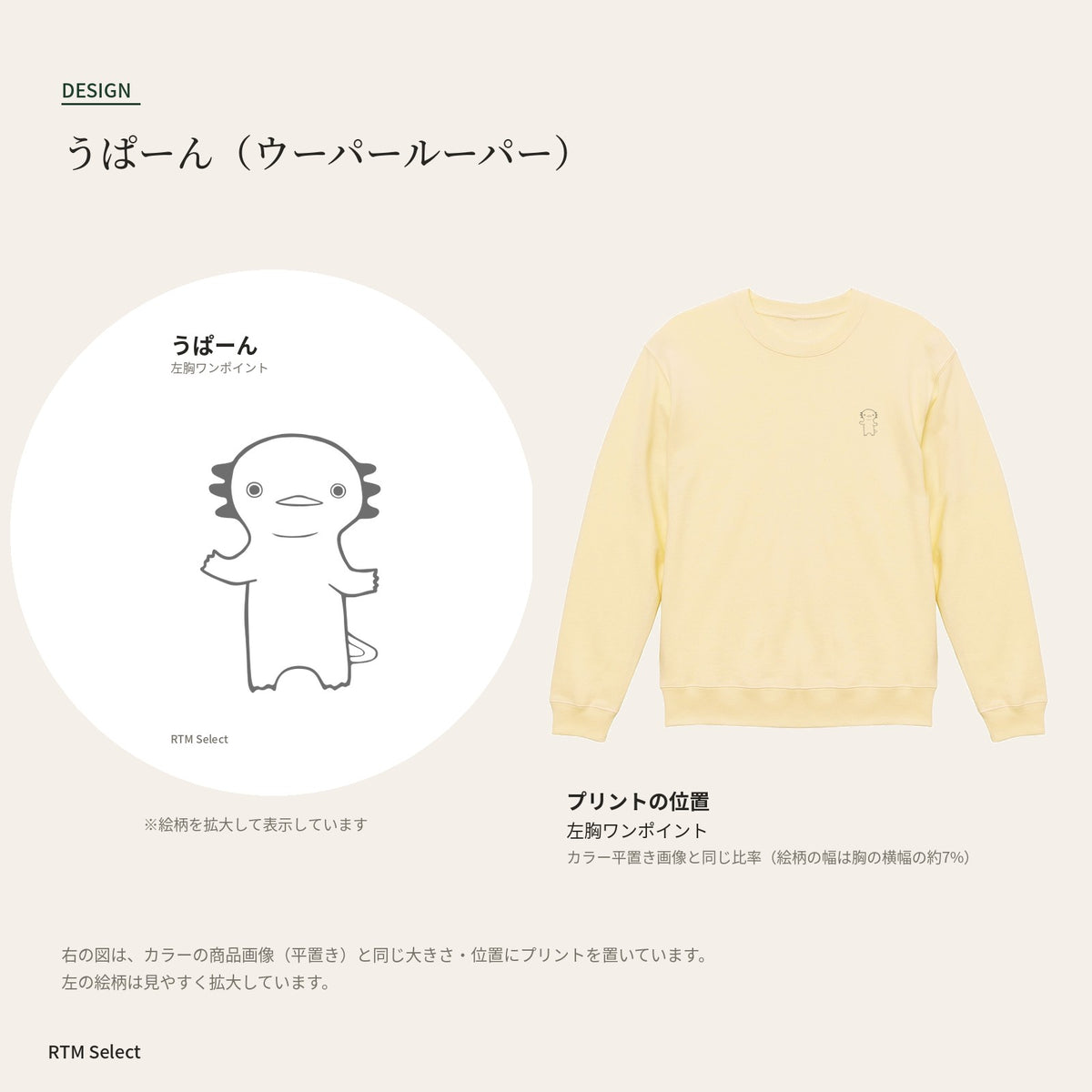 うぱーん トレーナー デザインとプリント位置図