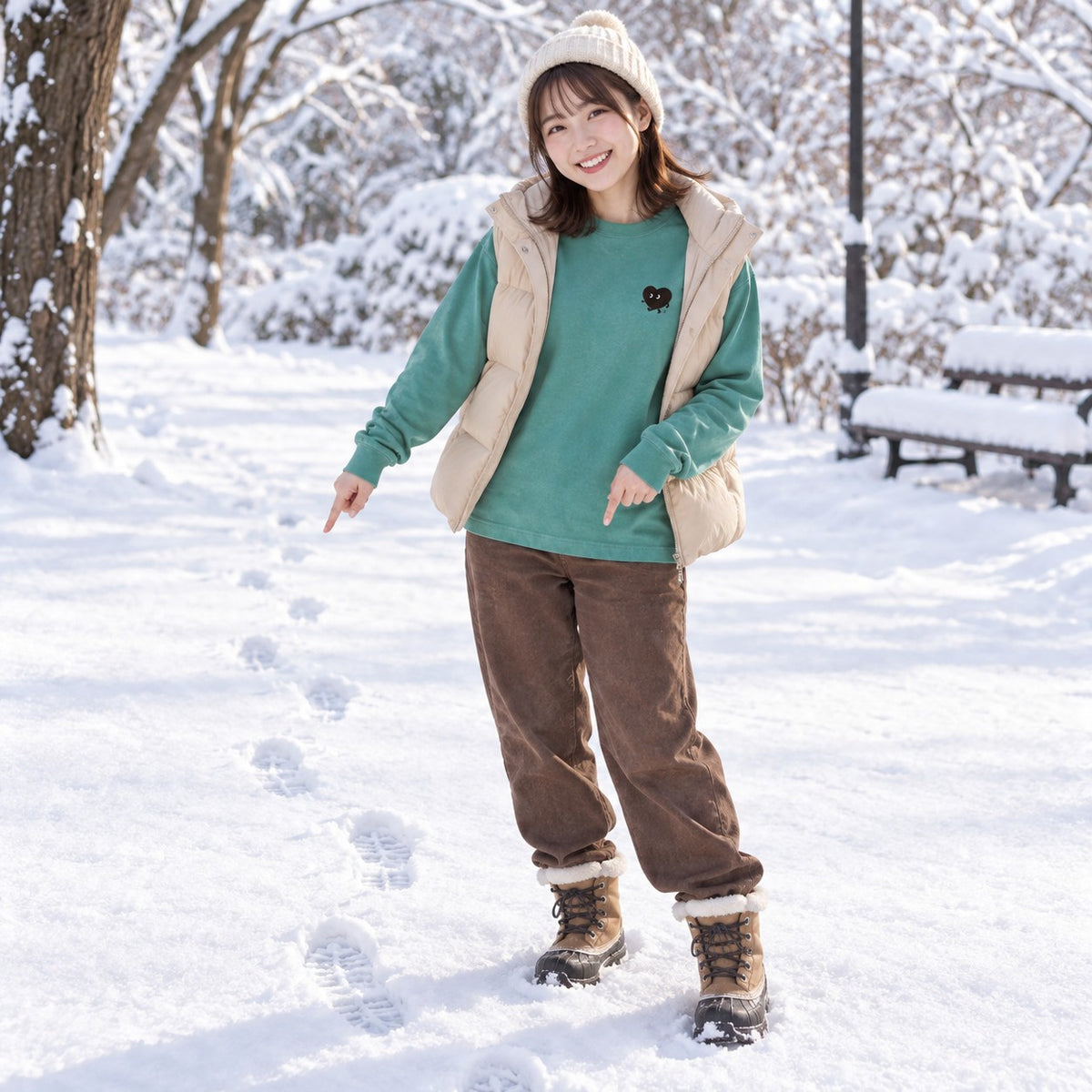 歩くハート「ヨチボウ」ロングTシャツ 雪道に足あとをつけて振り返るヘイジーグリーン